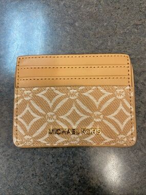 Michael Kors Beige/Tan Monogram Card Case with Gold Logo